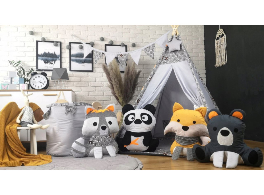Detský stan TEEPEE (TÍPÍ) LUXURY s doplnkami - ZVIERACIA PARTIČKA - sivý