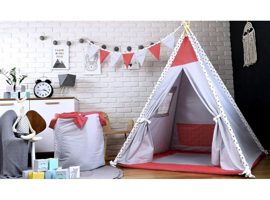 Detský stan TEEPEE (TÍPÍ) LUXURY s doplnkami - LABKOVÁ PATROLA - šedo / červený