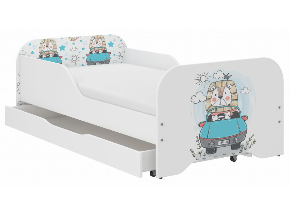 Detská posteľ KIM - LEV V AUTÍČKU 140x70 cm + MATRAC
