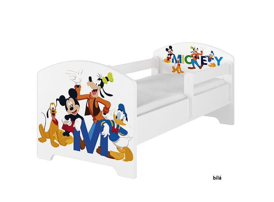 NA SKLADE: Detská posteľ Disney bez šuplíka - MICKEY FRIENDS 140x70 cm - nórska borovica + matrac + 1 dlhá a 1 krátka bariéra