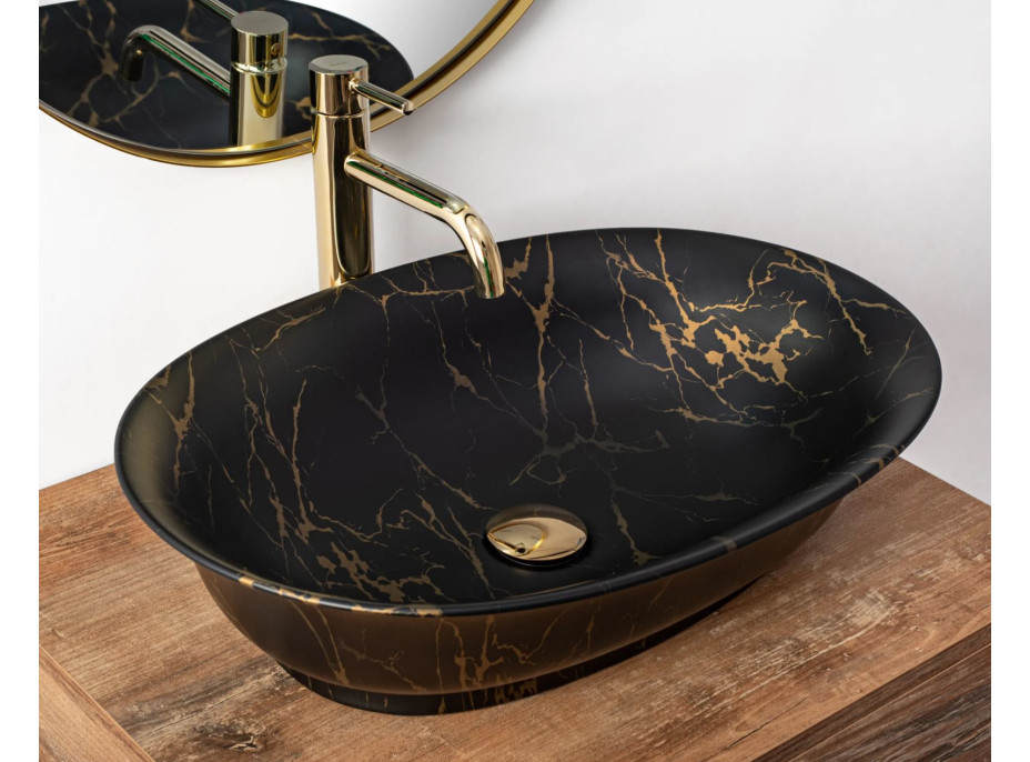 Keramické umývadlo MAXMAX Rea ROMA - MARBLE - čierne / zlatý vzor