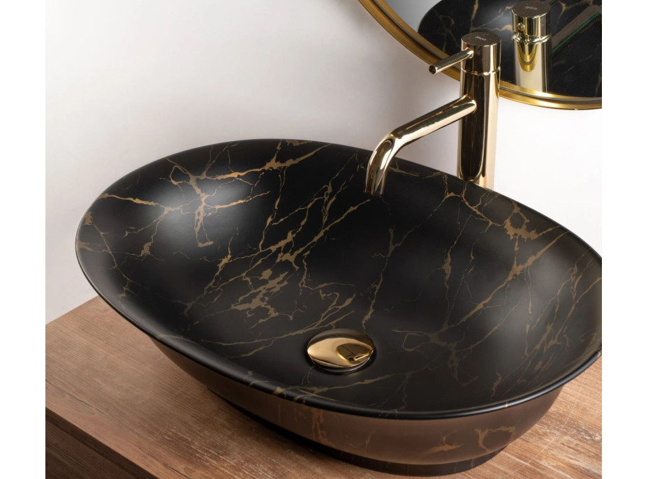 Keramické umývadlo MAXMAX Rea ROMA - MARBLE - čierne / zlatý vzor