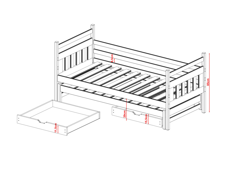 Detská posteľ z masívu borovice DAN s prístelkou a šuplíky - 200x90 cm - prírodná