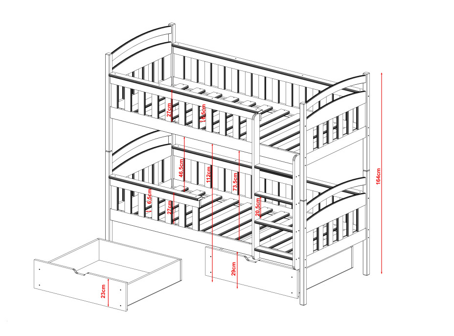 Detská poschodová posteľ z masívu borovice HENRY so zásuvkami 200x90 cm - biela