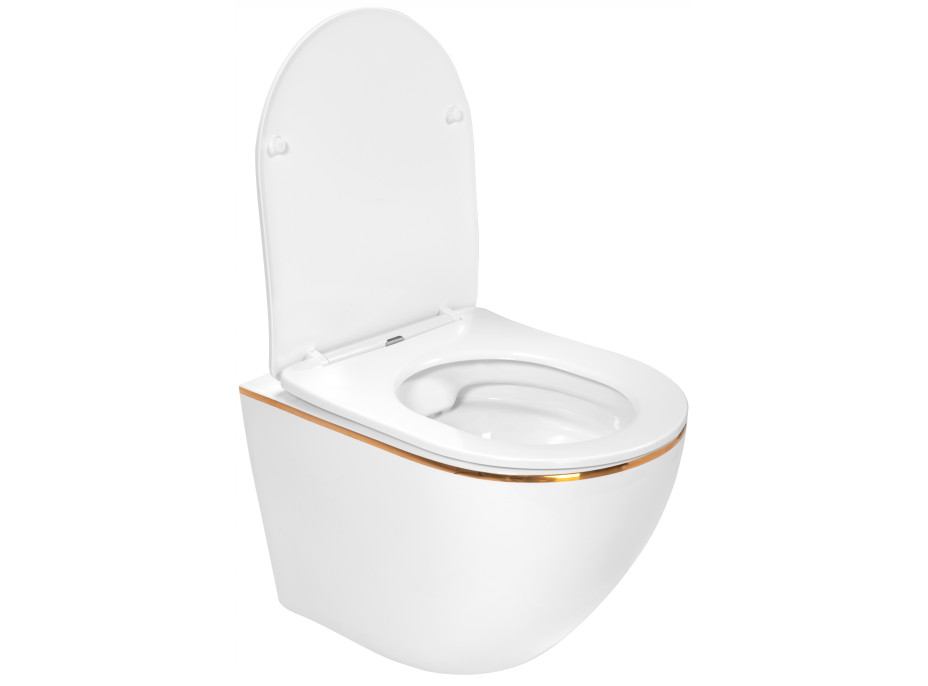 Závesné WC MAXMAX Rea Carlo mini RIMLESS + Duroplast sedátko flat - biele so zlatým okrajom