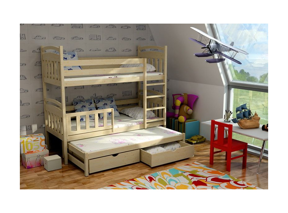 Detská poschodová posteľ s výsuvnou prístelkou z MASÍVU so zásuvkami - PV001