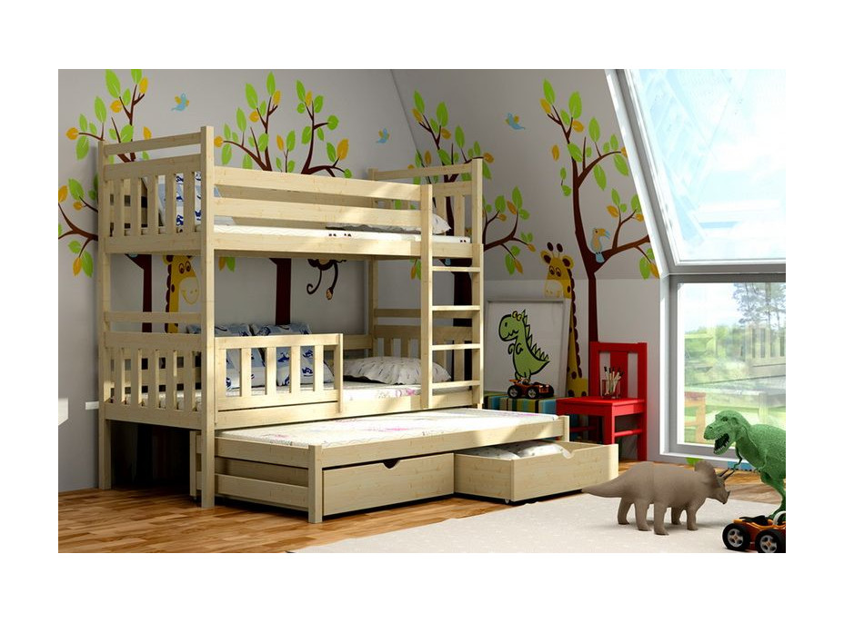 Detská poschodová posteľ s výsuvnou prístelkou z MASÍVU bez šuplíku - PV004