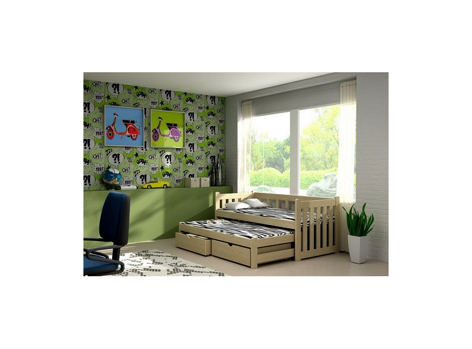 Detská posteľ s výsuvnou prístelkou z MASÍVU so zásuvkami - DPV002