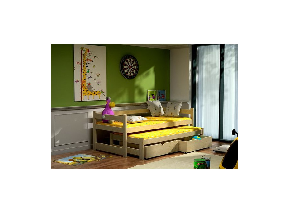 Detská posteľ s výsuvnou prístelkou z MASÍVU so zásuvkami - DPV003