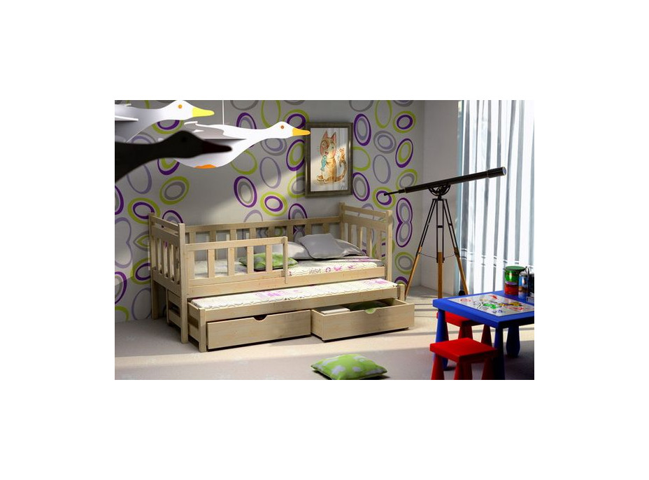 Detská posteľ s výsuvnou prístelkou z MASÍVU so zásuvkami - DPV004