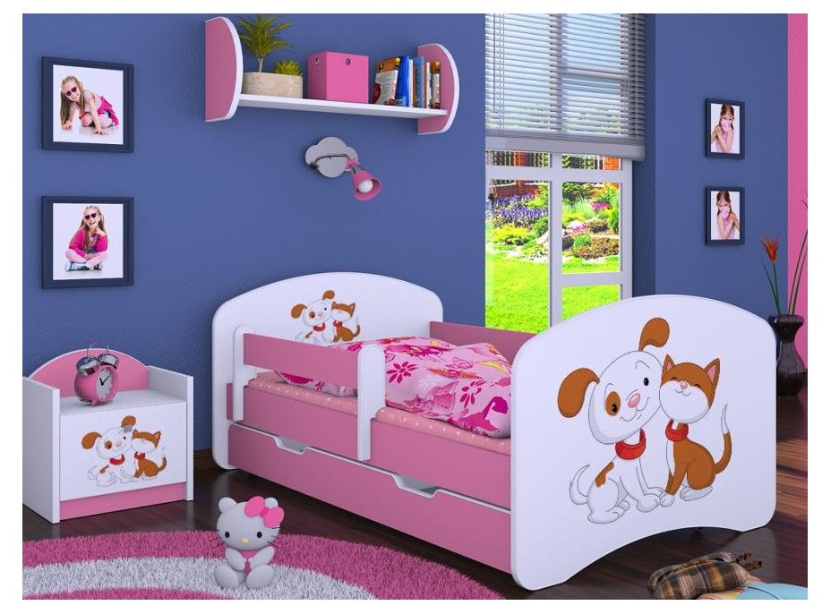 Detská posteľ so zásuvkou 140x70 PSÍK A MAČIČKA