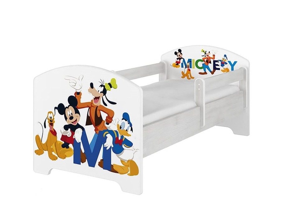 NA SKLADE: Detská posteľ Disney bez šuplíka - MICKEY FRIENDS 140x70 cm - nórska borovica + matrac + 1 dlhá a 1 krátka bariéra