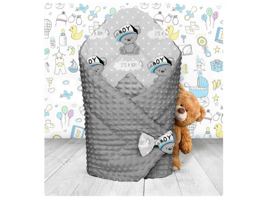 Obojstranná zavinovačka pre bábätká 80x80 cm BABYMAM PREMIUM - Medvedík Little BOY so sivou Minky