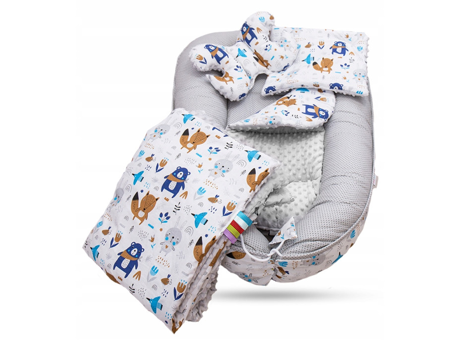 Obojstranné hniezdočko (kokon) pre bábätko - BABYMAM PREMIUM set 7v1 - Boho zvieratká so šedou Minky