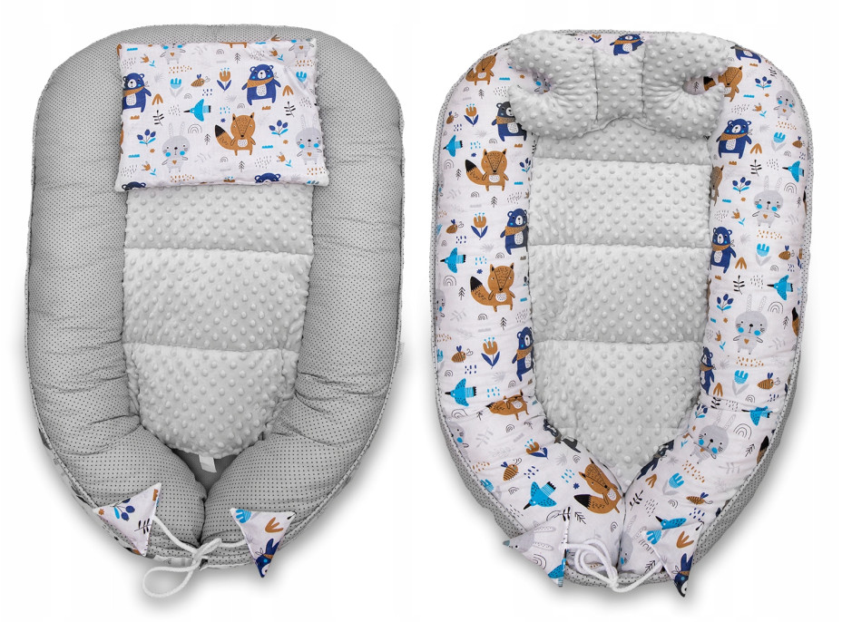 Obojstranné hniezdočko (kokon) pre bábätko - BABYMAM PREMIUM set 7v1 - Boho zvieratká so šedou Minky
