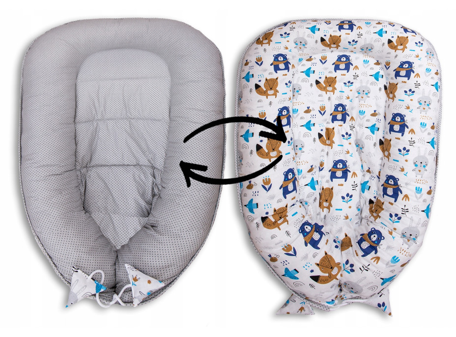 Obojstranné hniezdočko (kokon) pre bábätko - BABYMAM PREMIUM set 7v1 - Boho zvieratká so šedou Minky