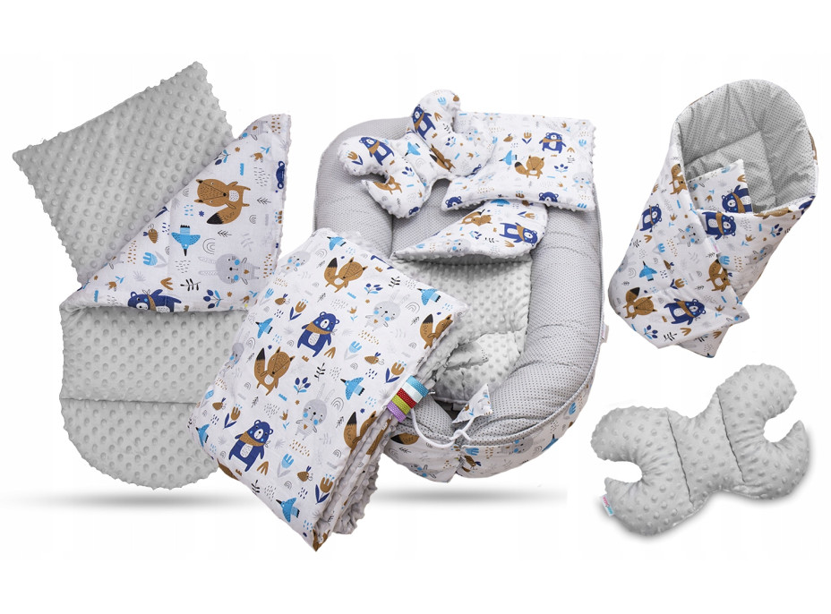 Obojstranné hniezdočko (kokon) pre bábätko - BABYMAM PREMIUM set 7v1 - Boho zvieratká so šedou Minky
