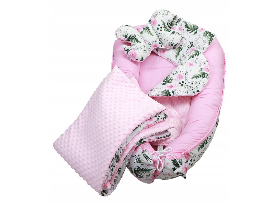 Obojstranné hniezdočko (kokon) pre bábätko - BABYMAM PREMIUM set 7v1 - Kvety v záhrade s ružovou Minky
