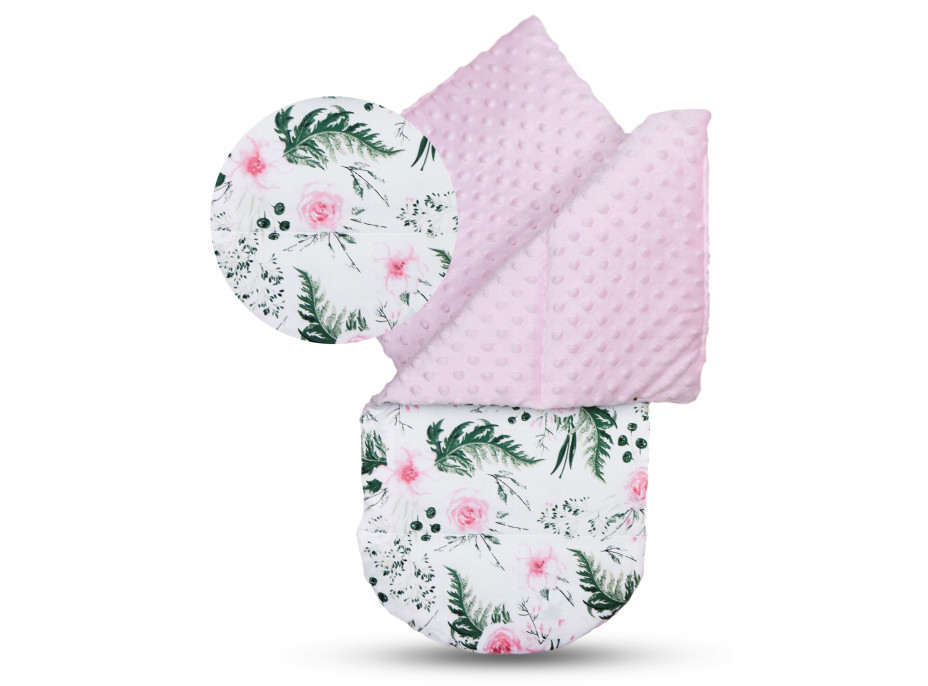 Obojstranné hniezdočko (kokon) pre bábätko - BABYMAM PREMIUM set 7v1 - Kvety v záhrade s ružovou Minky