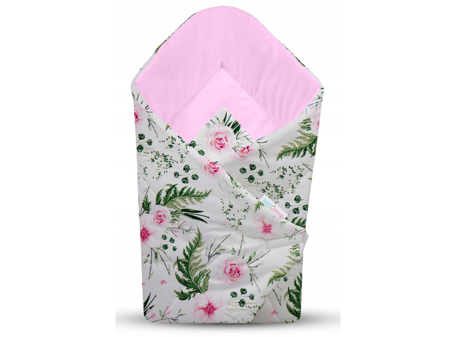 Obojstranné hniezdočko (kokon) pre bábätko - BABYMAM PREMIUM set 7v1 - Kvety v záhrade s ružovou Minky