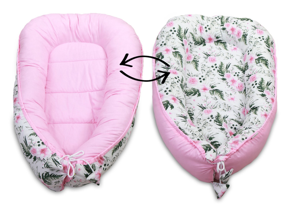 Obojstranné hniezdočko (kokon) pre bábätko - BABYMAM PREMIUM set 7v1 - Kvety v záhrade s ružovou Minky