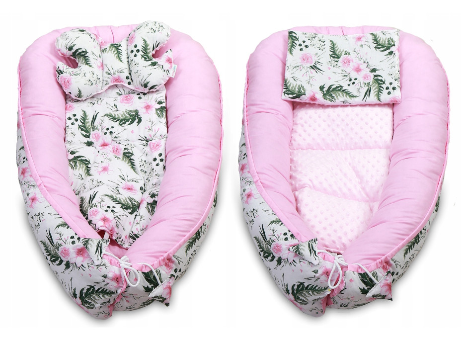 Obojstranné hniezdočko (kokon) pre bábätko - BABYMAM PREMIUM set 7v1 - Kvety v záhrade s ružovou Minky
