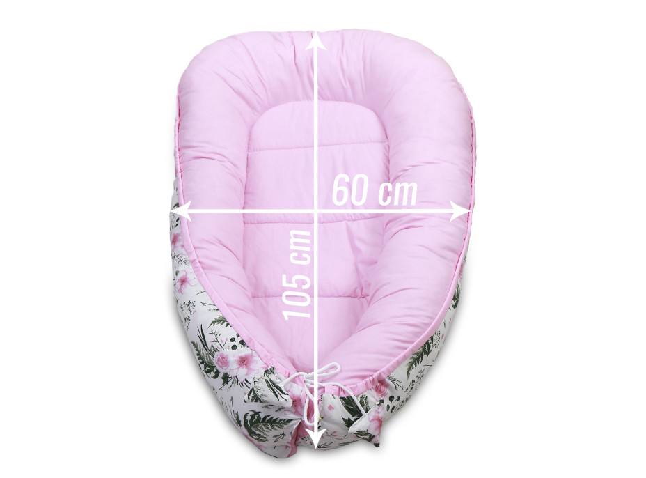 Obojstranné hniezdočko (kokon) pre bábätko - BABYMAM PREMIUM set 7v1 - Kvety v záhrade s ružovou Minky