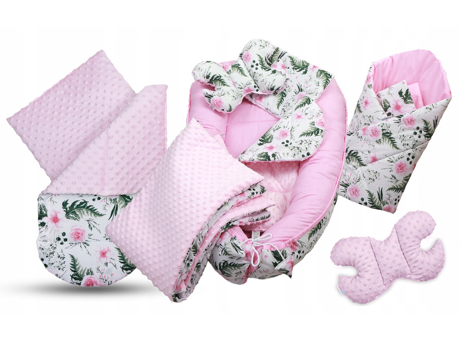 Obojstranné hniezdočko (kokon) pre bábätko - BABYMAM PREMIUM set 7v1 - Kvety v záhrade s ružovou Minky