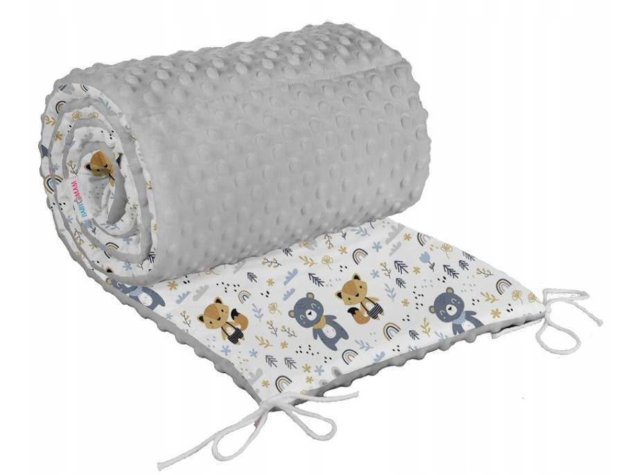 Ochranný mantinel do postieľky 180x30 cm BABYMAM PREMIUM - Lesné zvieratká so šedou Minky