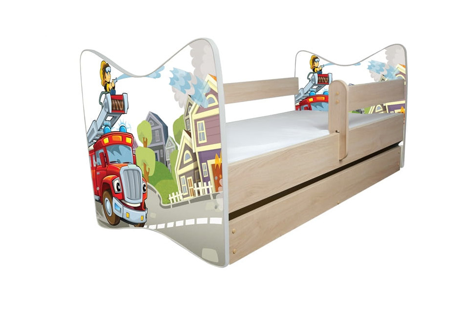 Detská posteľ DELUXE - HASIČSKÉ AUTO 138x64 cm - dub sonoma + MATRACE
