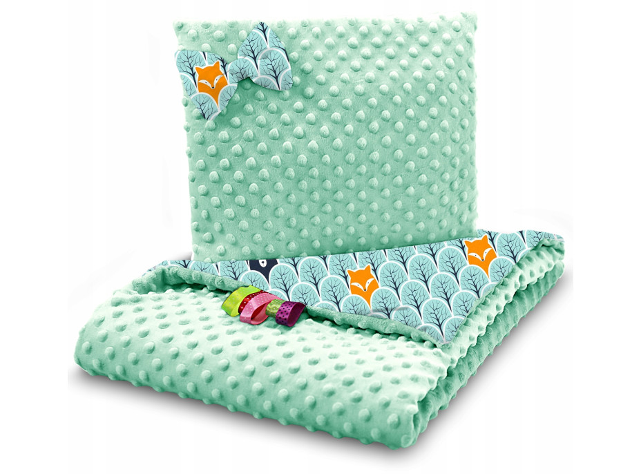 Detská deka do kočíka s vankúšikom a motýlikom - PREMIUM set 3v1 - Škandinávsky les s mätovou Minky