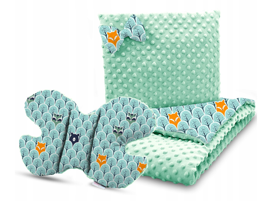 Detská deka do kočíka s vankúšikom a motýlikom - PREMIUM set 3v1 - Škandinávsky les s mätovou Minky