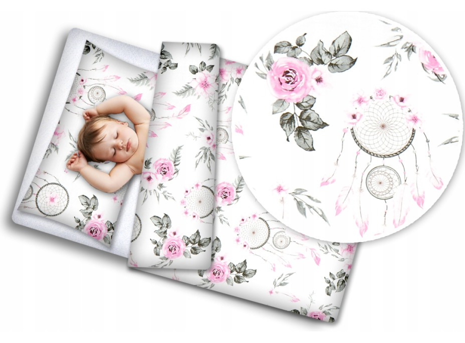 Detské bavlnené obliečky do postieľky 135x100 cm BABYMAM PREMIUM - Lapače snov a kvety