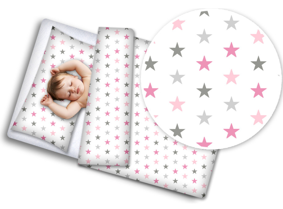 Detské bavlnené obliečky do postieľky 120x90 cm BABYMAM PREMIUM - Ružové a šedé hviezdičky