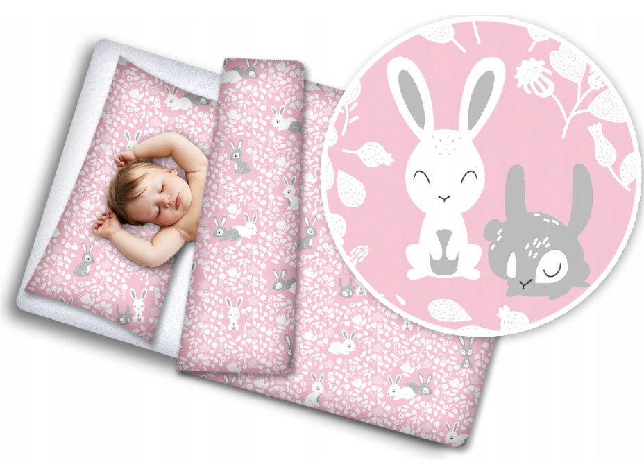 Detské bavlnené obliečky do postieľky 120x90 cm BABYMAM PREMIUM - Ružové králiky