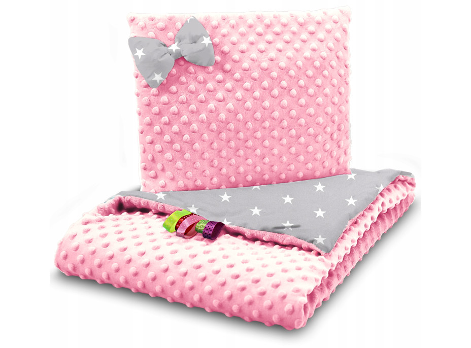 Detská deka do kočíka s vankúšikom a motýlikom - PREMIUM set 3v1 - Biele hviezdičky s ružovou Minky