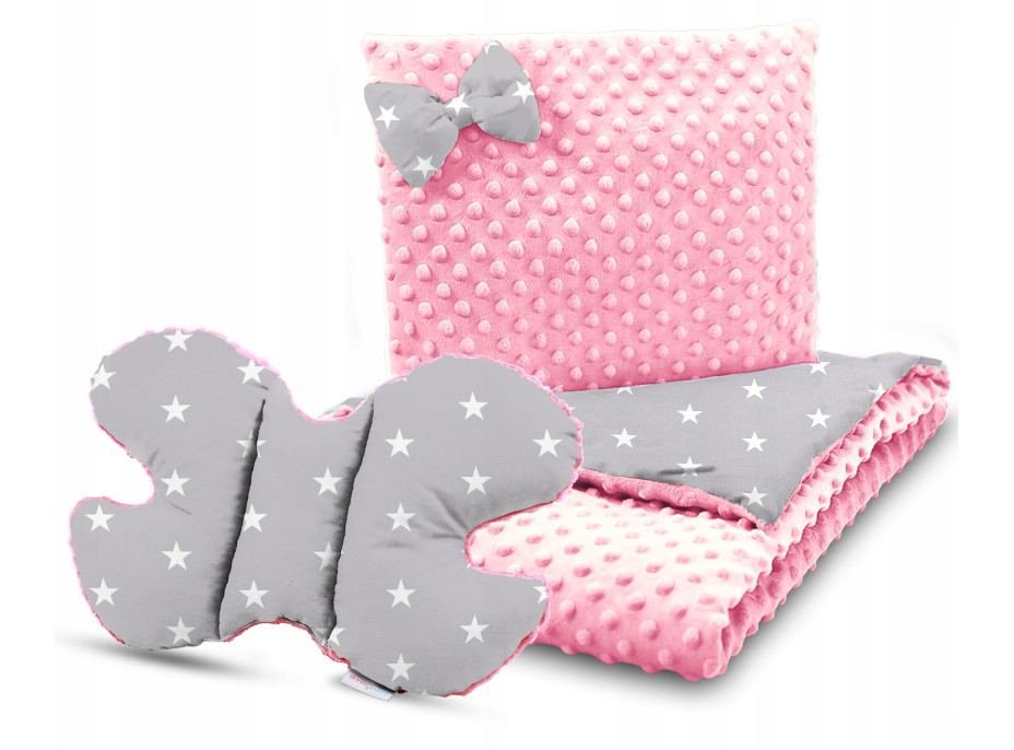 Detská deka do kočíka s vankúšikom a motýlikom - PREMIUM set 3v1 - Biele hviezdičky s ružovou Minky