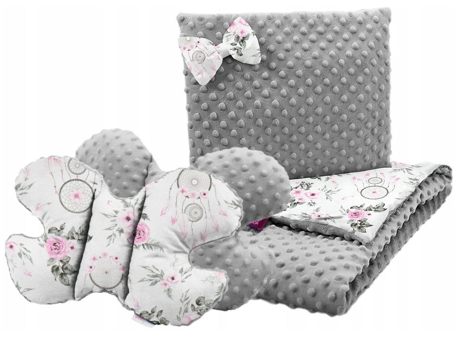 Detská deka do kočíka s vankúšikom a motýlikom - BABYMAM PREMIUM set 3v1 - Lapače snov a kvety so šedou Minky