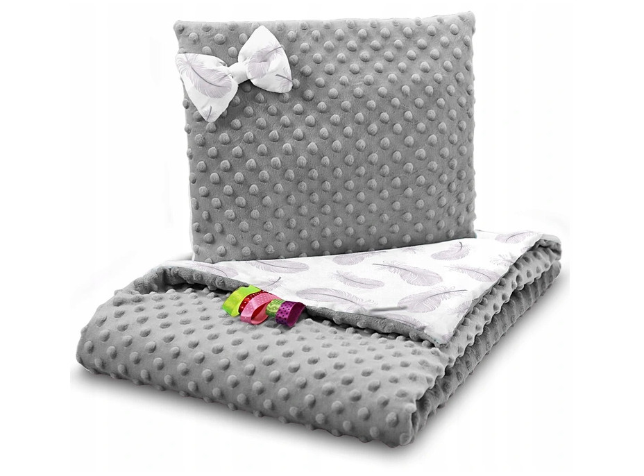 Detská deka do kočíka s vankúšikom a motýlikom - BABYMAM PREMIUM set 3v1 - Pierka so sivou Minky