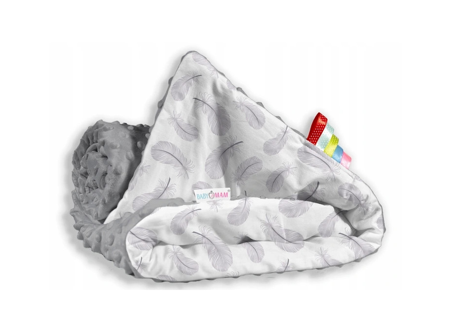 Detská deka do kočíka s vankúšikom a motýlikom - BABYMAM PREMIUM set 3v1 - Pierka so sivou Minky