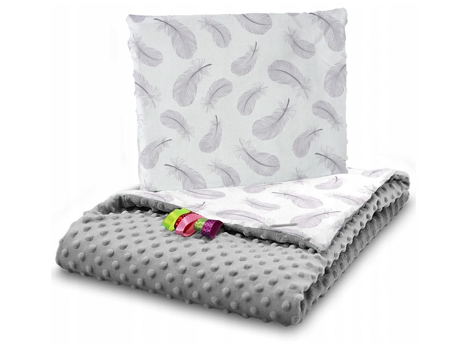 Detská deka do kočíka s vankúšikom a motýlikom - BABYMAM PREMIUM set 3v1 - Pierka so sivou Minky