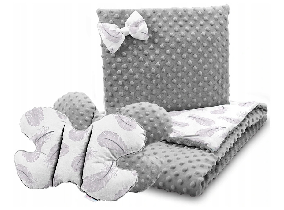Detská deka do kočíka s vankúšikom a motýlikom - BABYMAM PREMIUM set 3v1 - Pierka so sivou Minky