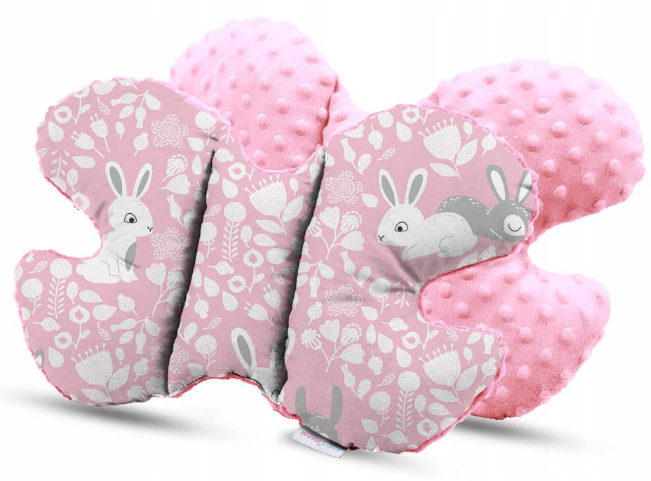 Detská deka do kočíka s vankúšikom a motýlikom - PREMIUM set 3v1 - Ružové králiky s ružovou Minky