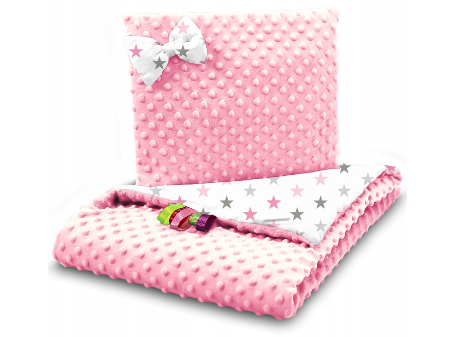 Detská deka do kočíka s vankúšikom a motýlikom - PREMIUM set 3v1 - Šedé a ružové hviezdičky s ružovou Minky