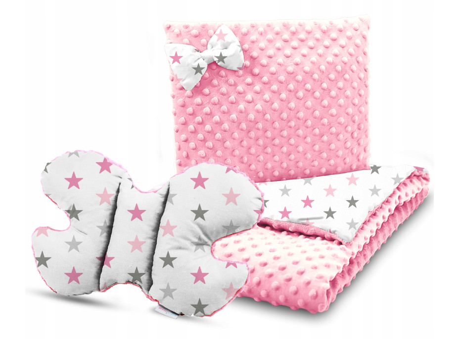 Detská deka do kočíka s vankúšikom a motýlikom - PREMIUM set 3v1 - Šedé a ružové hviezdičky s ružovou Minky