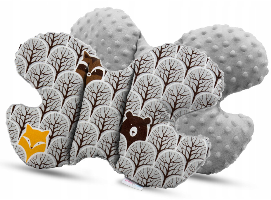 Detská deka do kočíka s vankúšikom a motýlikom - PREMIUM set 3v1 - Škandinávsky les hnedý so sivou Minky
