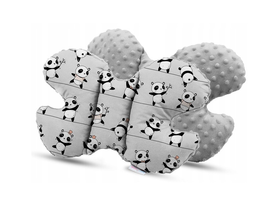 Detská deka do kočíka s vankúšikom a motýlikom - PREMIUM set 3v1 - Veselé pandy so sivou Minky