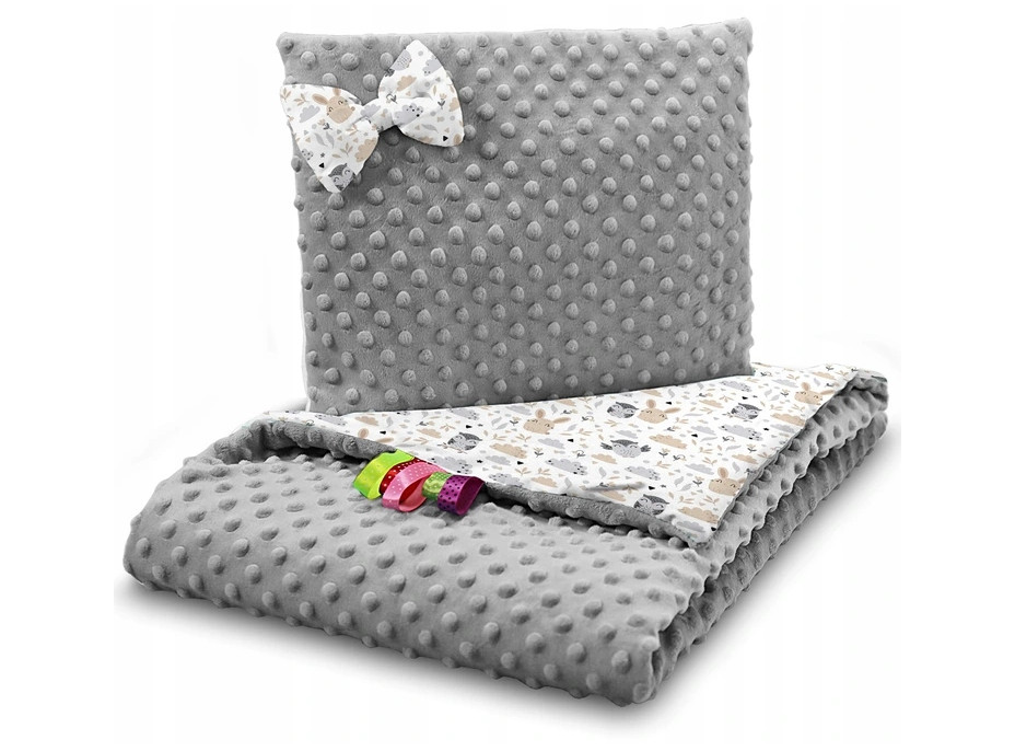 Detská deka do kočíka s vankúšikom a motýlikom - BABYMAM PREMIUM set 3v1 - Zvieracia partička so šedou Minky