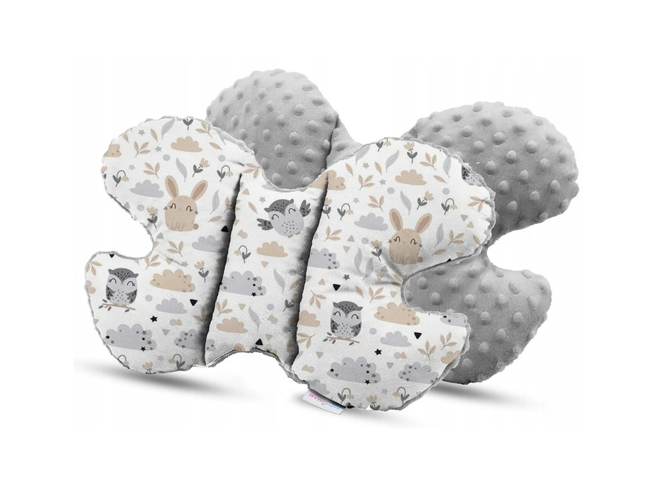 Detská deka do kočíka s vankúšikom a motýlikom - BABYMAM PREMIUM set 3v1 - Zvieracia partička so šedou Minky