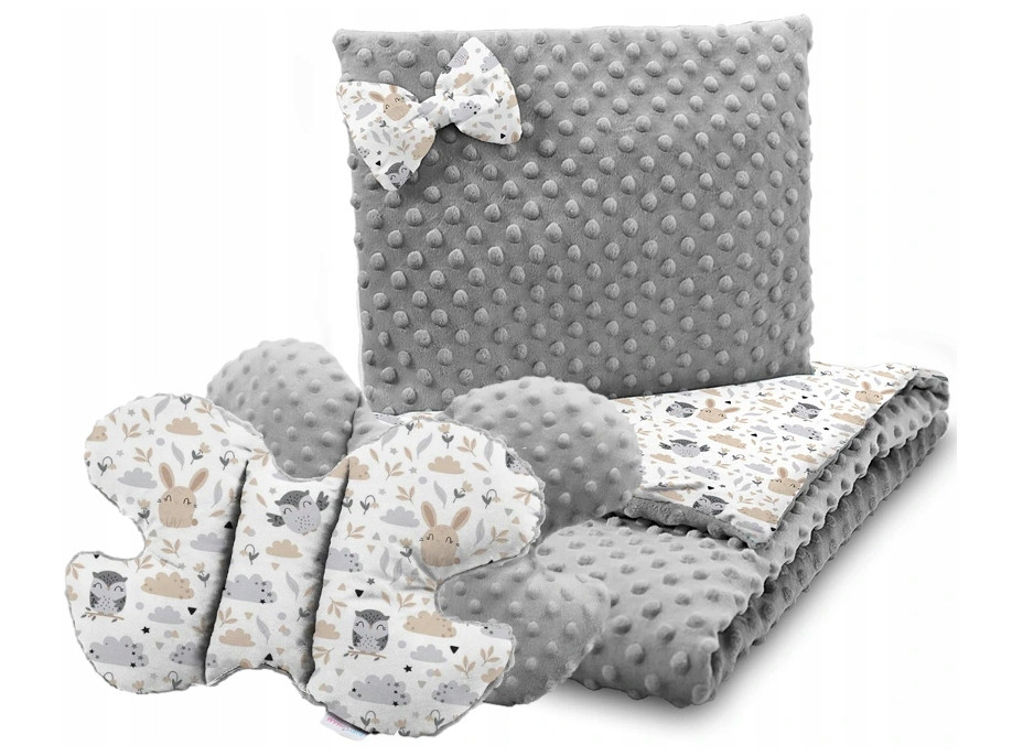 Detská deka do kočíka s vankúšikom a motýlikom - BABYMAM PREMIUM set 3v1 - Zvieracia partička so šedou Minky